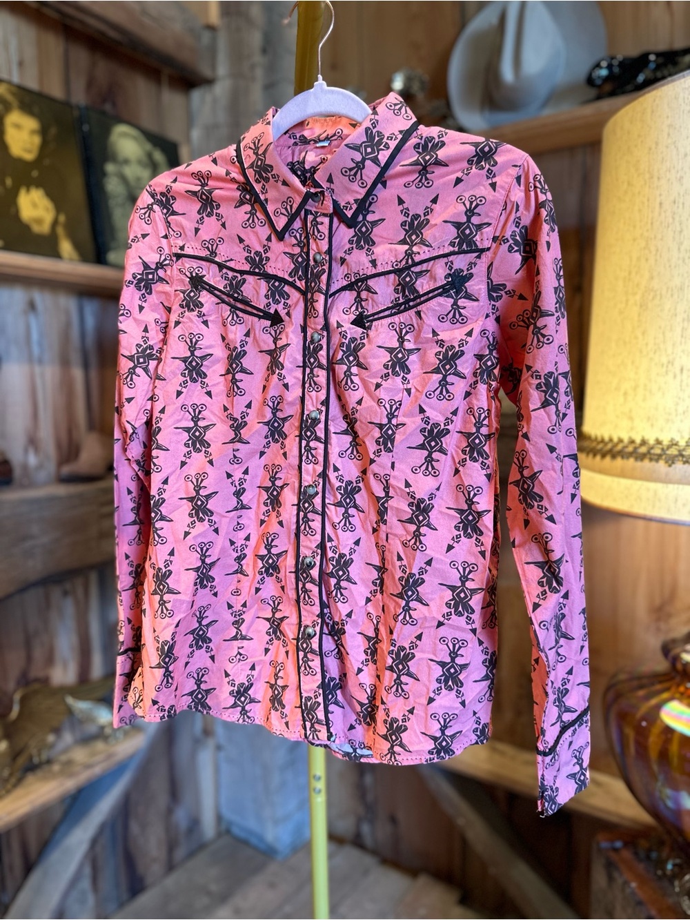 Woman’s Resistol Pink Western-Style Button-Down Shirt with Black Print